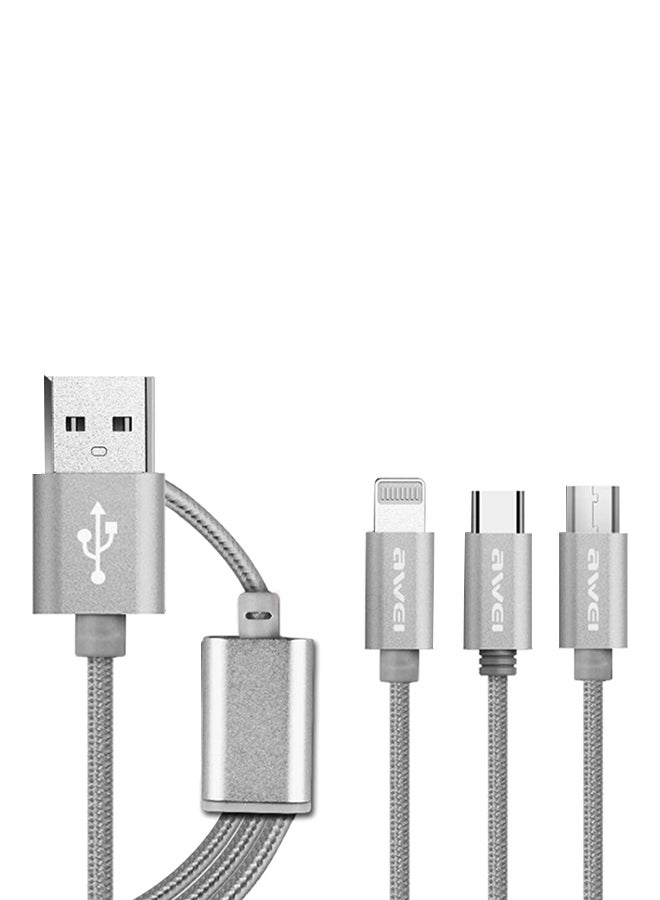 كابل 3 في 1 Type-C/Micro USB/لايتينج رمادي