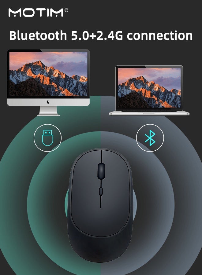موتيم ماوس لاسلكي مزود بتقنية Bluetooth 5.0 و USB 2.4G ثنائي الوضع، ماوس لاسلكي صامت وخالي من الضوضاء، 3 مستويات DPI قابلة للتعديل تصل إلى 1600، متوافق مع الهواتف المحمولة والأجهزة اللوحية وأجهزة iPad وأجهزة الكمبيوتر المحمولة - Image 2