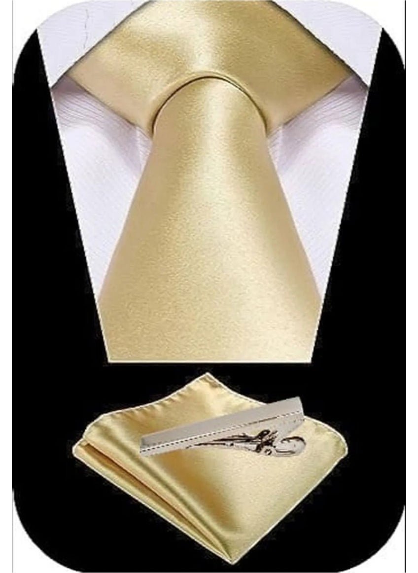 Tezzgelsin Men's Satin Tie Handkerchief and Silver Steel Tie Clip Set  - Image 1