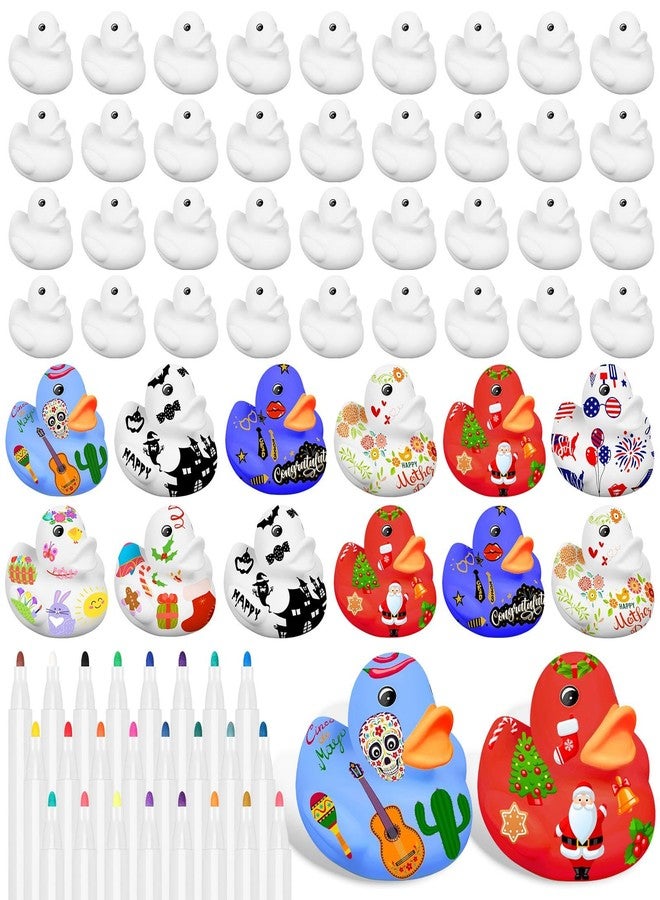 Olgaa 50 Pcs 2 Inch White Blank Rubber Ducks in Bulk DIY Fall Halloween Ducks with Pens of 24 Colors Float Squeak Funny for Pool Bathtub Float Cute Ducks Birthday Gift Baby Activities Themed Party Favor - Image 1