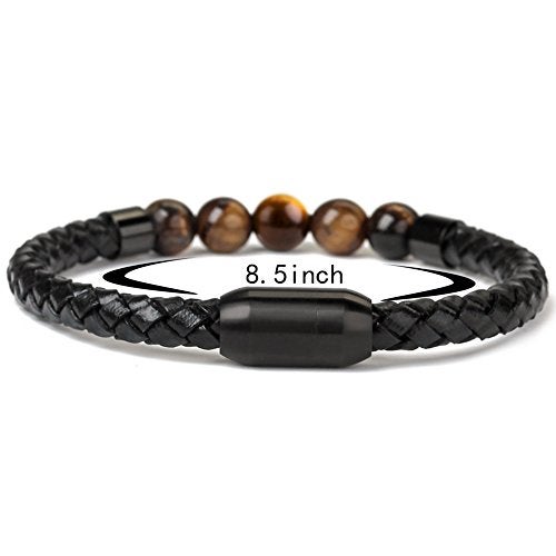 Ckysee Tiger Eye Bracelets for Men Magnetic Clasp Beaded Genuine Rope Leather Bracelet Men's Gifts - Image 1