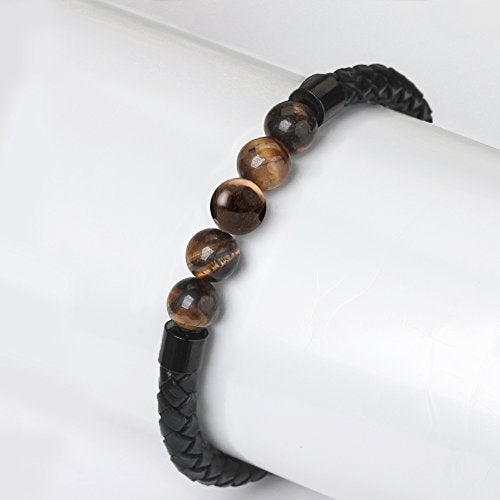 Ckysee Tiger Eye Bracelets for Men Magnetic Clasp Beaded Genuine Rope Leather Bracelet Men's Gifts - Image 5