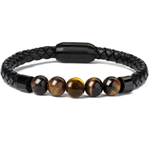 Ckysee Tiger Eye Bracelets for Men Magnetic Clasp Beaded Genuine Rope Leather Bracelet Men's Gifts - Image 2