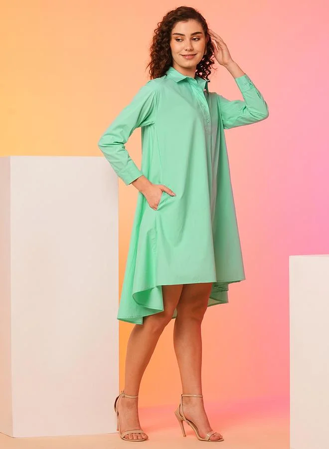globus Globus Women Green Solid Asymmetric Hem Shirt Mini Dress