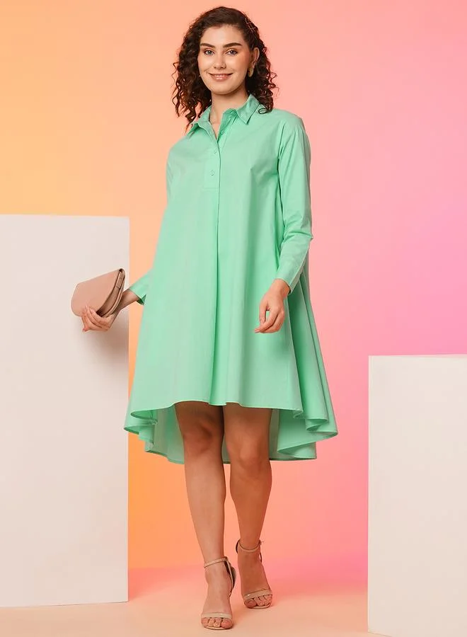 globus Globus Women Green Solid Asymmetric Hem Shirt Mini Dress