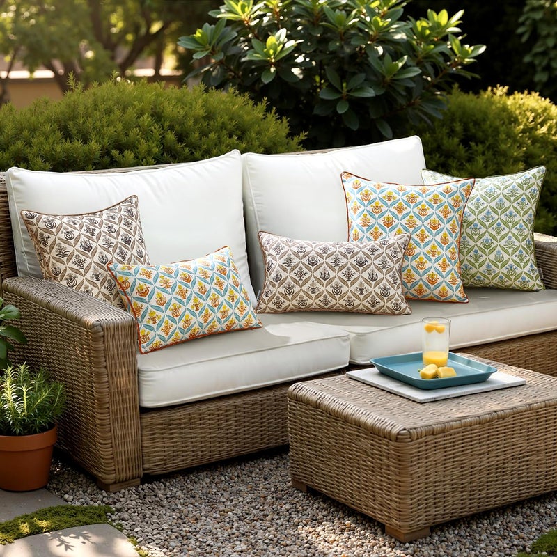 ANRODUO Floral Outdoor Pillow Covers 18x18 Waterproof Set of 2 Block Print Accent Decorative Cushion Cases with Refined Edge Piping for Spring Patio Porch Garden Couch Sofa Bench Decor Brown - Image 2