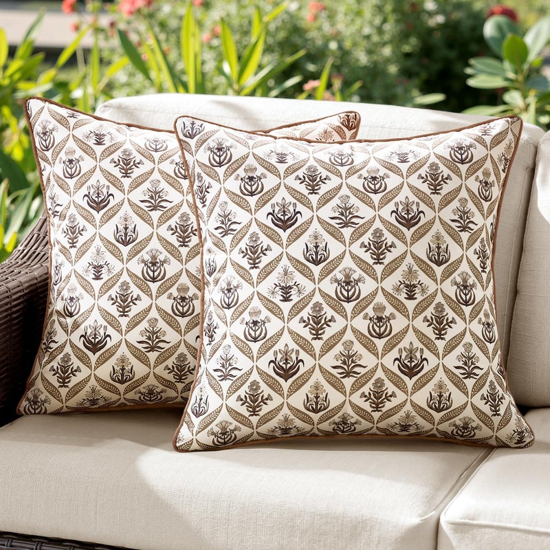 ANRODUO Floral Outdoor Pillow Covers 18x18 Waterproof Set of 2 Block Print Accent Decorative Cushion Cases with Refined Edge Piping for Spring Patio Porch Garden Couch Sofa Bench Decor Brown - Image 1