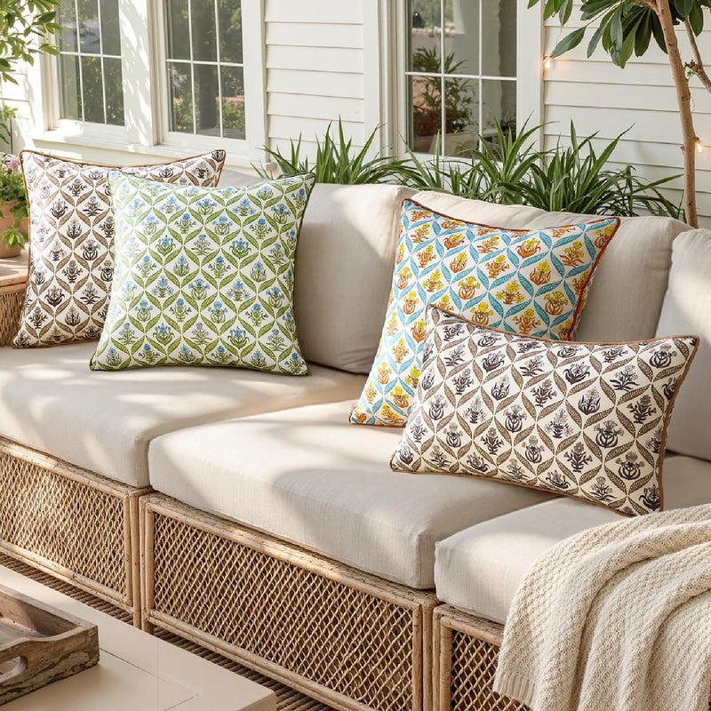 ANRODUO Floral Outdoor Pillow Covers 18x18 Waterproof Set of 2 Block Print Accent Decorative Cushion Cases with Refined Edge Piping for Spring Patio Porch Garden Couch Sofa Bench Decor Brown - Image 5