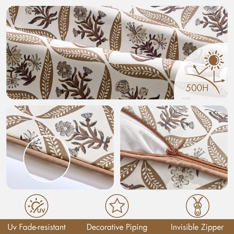 ANRODUO Floral Outdoor Pillow Covers 18x18 Waterproof Set of 2 Block Print Accent Decorative Cushion Cases with Refined Edge Piping for Spring Patio Porch Garden Couch Sofa Bench Decor Brown - Image 4