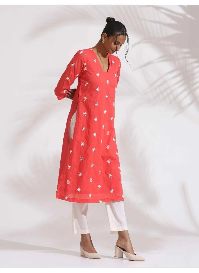 ترو برونز trueBrowns Orange Cotton Floral Embroidered Kurta Set