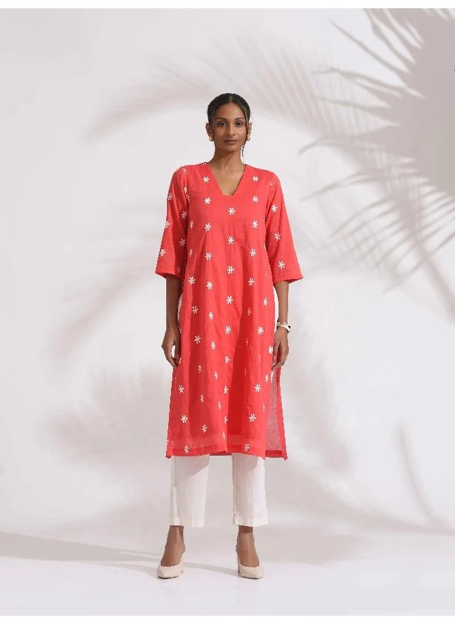 ترو برونز trueBrowns Orange Cotton Floral Embroidered Kurta Set
