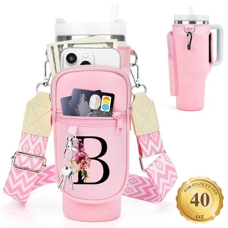 LOKASS Personalized Water Bottle Holder with Strap for Stanley Cup Accessories 40 oz Initial for Stanley Cup Holder Carrier Bag with Phone Pocket Stylish Tumbler Accessories Gifts for Women Pink - Image 2