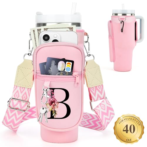 LOKASS Personalized Water Bottle Holder with Strap for Stanley Cup Accessories 40 oz Initial for Stanley Cup Holder Carrier Bag with Phone Pocket Stylish Tumbler Accessories Gifts for Women Pink - Image 1