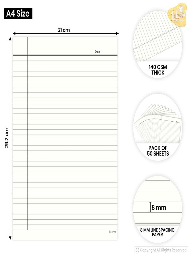 Lakeer A4 Single Side Ruled Paper - 140 GSM Thick Paper, Pack of 50 Sheets | Ideal for Projects, Assignments, Practicals, and Homework (Ivory) - Image 2