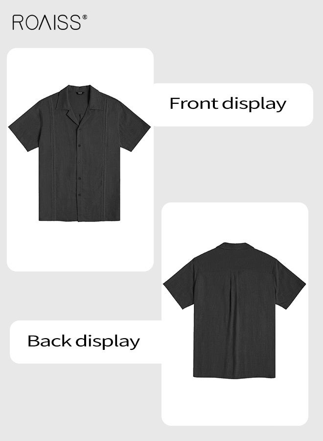 roaiss Black Lapel Collar Linen Shirt for Men Relaxed Fit Short Sleeve Beach Shirt Breathable Lightweight Fabric Casual Summer Wear - Image 4