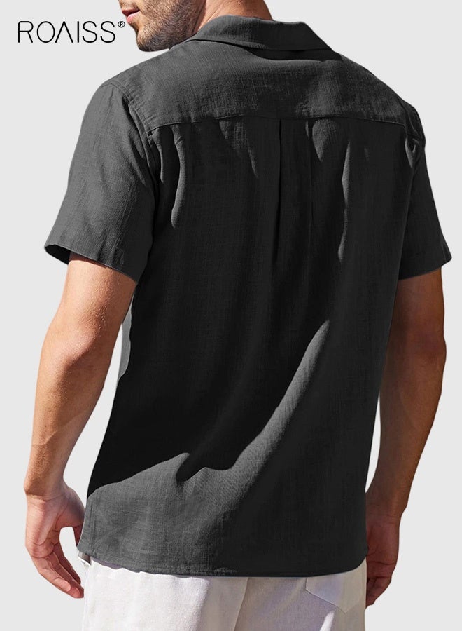 roaiss Black Lapel Collar Linen Shirt for Men Relaxed Fit Short Sleeve Beach Shirt Breathable Lightweight Fabric Casual Summer Wear - Image 2