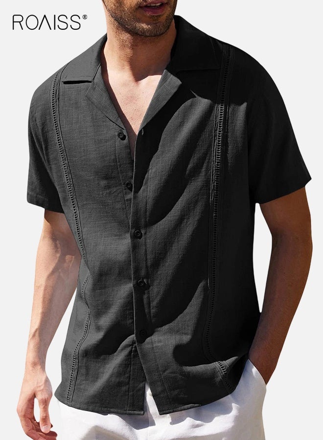 roaiss Black Lapel Collar Linen Shirt for Men Relaxed Fit Short Sleeve Beach Shirt Breathable Lightweight Fabric Casual Summer Wear - Image 1