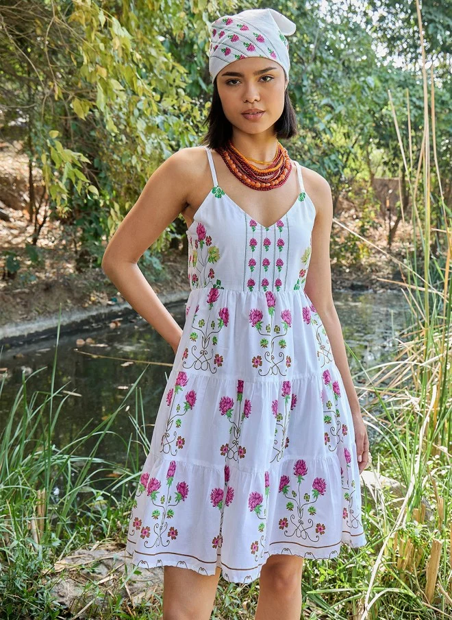 SASSAFRAS Floral Printed V-Neck Fit & Flare Dress for Women