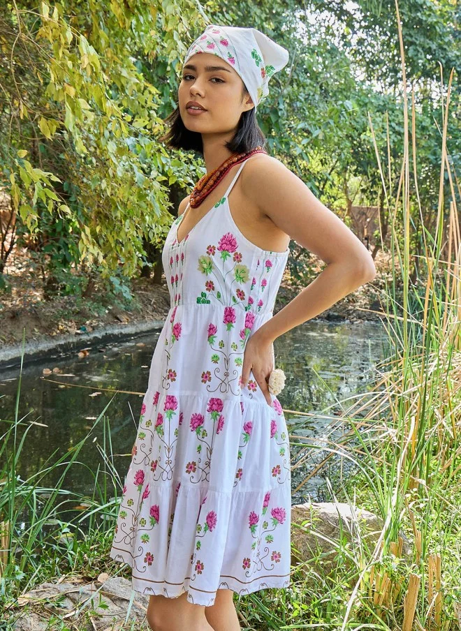 SASSAFRAS Floral Printed V-Neck Fit & Flare Dress for Women