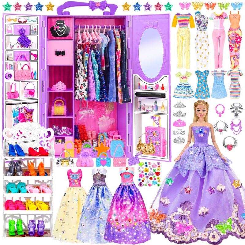 ibayda 91pcs 11.5 Inch Girl Doll with Clothes, Accessories and Closet - Princess Gowns, Fashion Dresses, Outfits, Swimsuits, Shoes, Hangers - Dress Up Toys for Girls, Kids, Toddlers (Doll Included) - Image 1