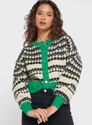 Puff Sleeve Color Block Knitted Cardigan