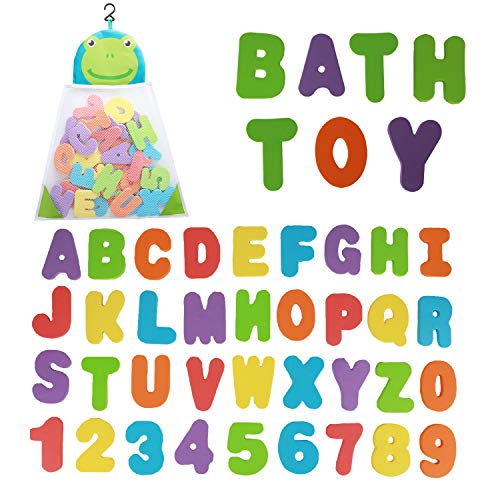 Funsland Bath Toys Organizer 36 Soft Foam ABC 123 Letters Numbers Bathroom Alphabet Baby Toys for Early Learning Foam Letters and Quick Dry Storage Net Bag - Image 1