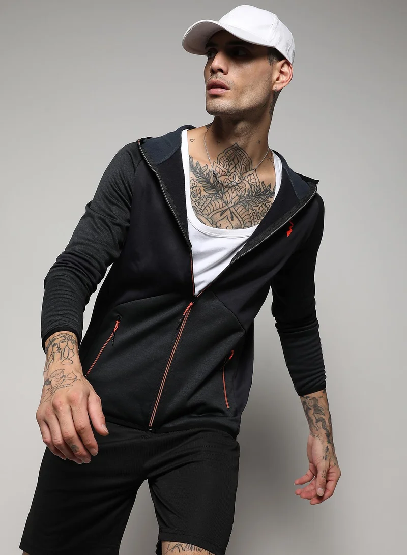 Campus Sutra Men's Black Zip-Front Activewear Jacket With Insert Pocket