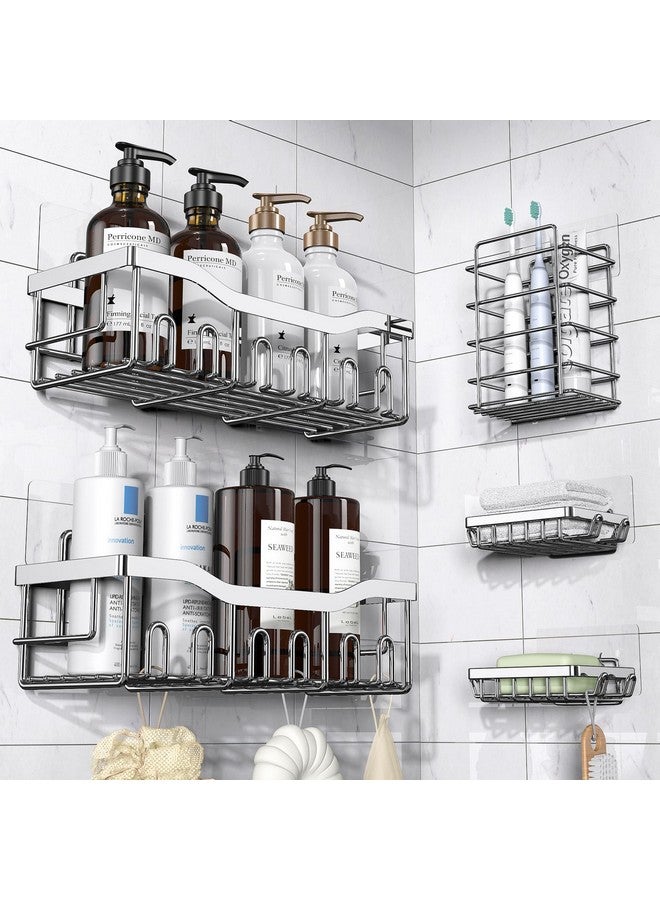 EUDELE مجموعة 5 قطع من حوامل الدش المصنوعة من الفولاذ المقاوم للصدأ - منظم حمام لاصق بدون حفر بسعة كبيرة، رفوف دش واسعة لتخزين داخل الدش والمطبخ وزينة المنزل - Image 1