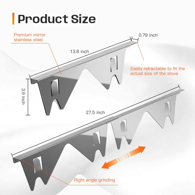 ItsNio Stainless Steel Stove Gap Covers,Stove Gap Filler, Range Trim Kit, Stove Gap Guards, Heat Resistant and Easy to Clean, Easy retractable Length 13.8" to 27.5", Width 0.79",Silver(2PCS) - Image 2