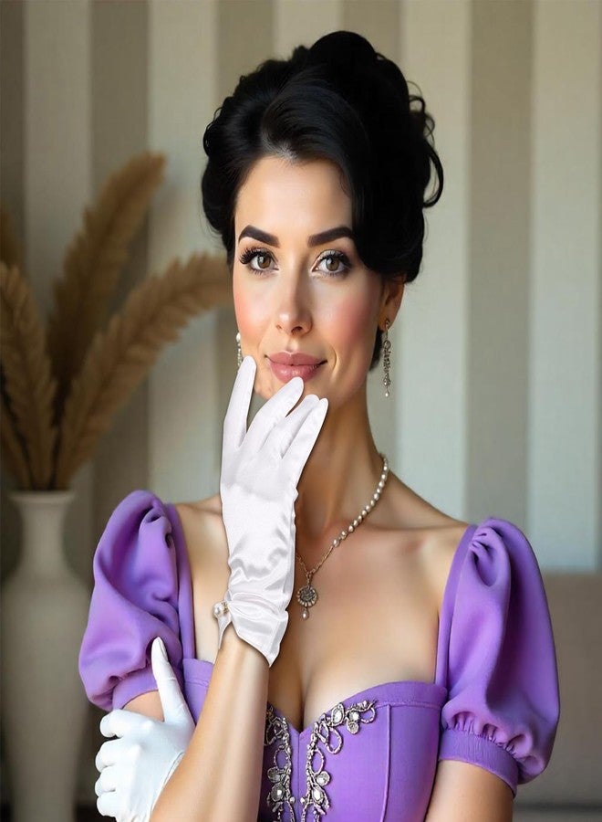 JIYIN قفازات جيين النسائية البيضاء الساتان، قفازات أوبرا كلاسيكية، قفازات ساتان قصيرة لحفلات الزفاف، وحفلات الشاي، والزي الرسمي، والفساتين، وإكسسوارات مستوحاة من موضة عشرينيات القرن الماضي - Image 5