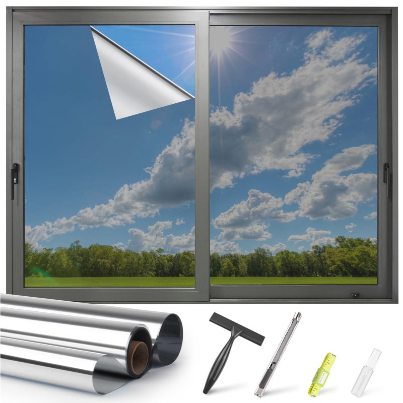 Kromapolis One Way Window Privacy Film Reflective Mirror Home Window Tint Daytime Privacy Heat Control Anti UV Glass Tinting Static Cling Silver 175 x 787 inch