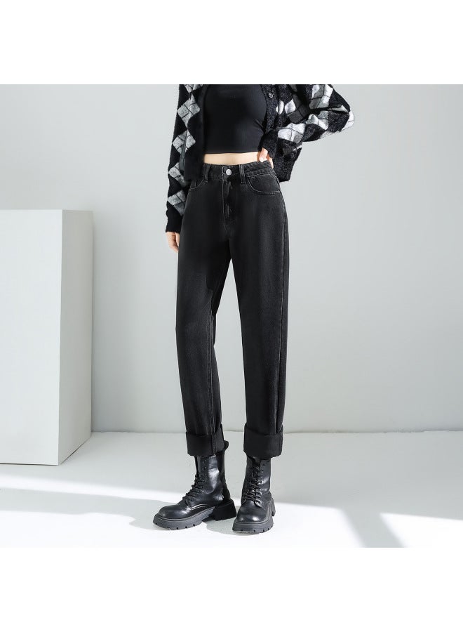 HAPPY Black Grey Harem Jeans Women Autumn Petite High Waist Loose Slimming Dad Carrot Pants - Image 1