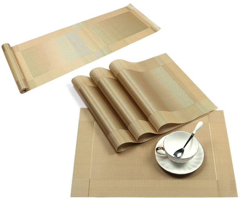 Ramkuwar Modern Dining Table Runner & Placemat Heat-Resistant Non-Slip Washable PVC Dining Mats for Kitchen Parties Dinners & Home Decor (Set of 4 - Gold) - Image 1