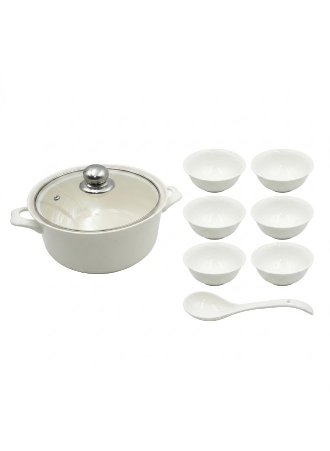 Ceramic Soup Tureen Set 9 Pcs White Serving Bowl Set with Lid and Ladle 11 Inch Soup Pot 6 Bowls Dinnerware Set for Home Kitchen Restaurant Catering - Image 1
