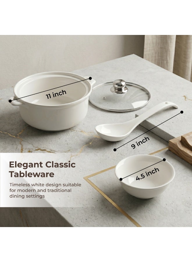 Ceramic Soup Tureen Set 9 Pcs White Serving Bowl Set with Lid and Ladle 11 Inch Soup Pot 6 Bowls Dinnerware Set for Home Kitchen Restaurant Catering - Image 2