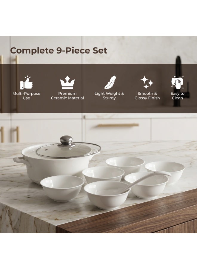 Ceramic Soup Tureen Set 9 Pcs White Serving Bowl Set with Lid and Ladle 11 Inch Soup Pot 6 Bowls Dinnerware Set for Home Kitchen Restaurant Catering - Image 3