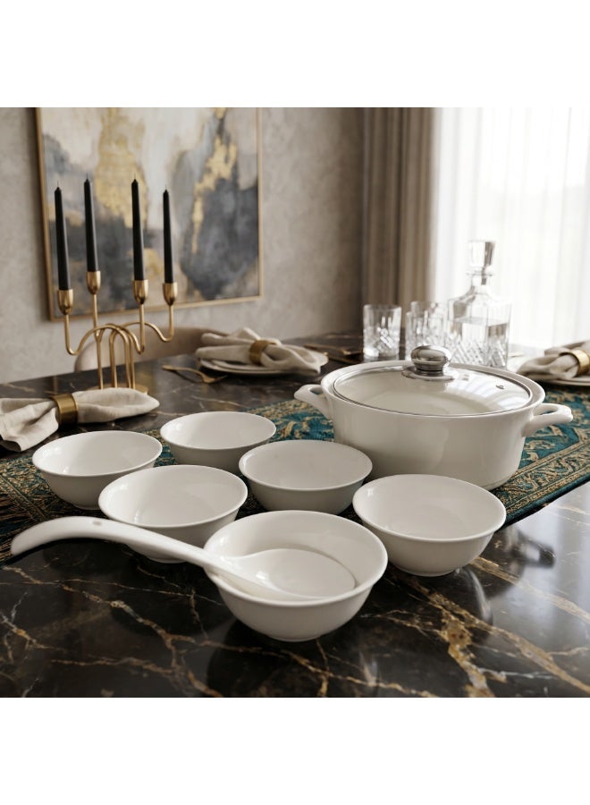 Ceramic Soup Tureen Set 9 Pcs White Serving Bowl Set with Lid and Ladle 11 Inch Soup Pot 6 Bowls Dinnerware Set for Home Kitchen Restaurant Catering - Image 5