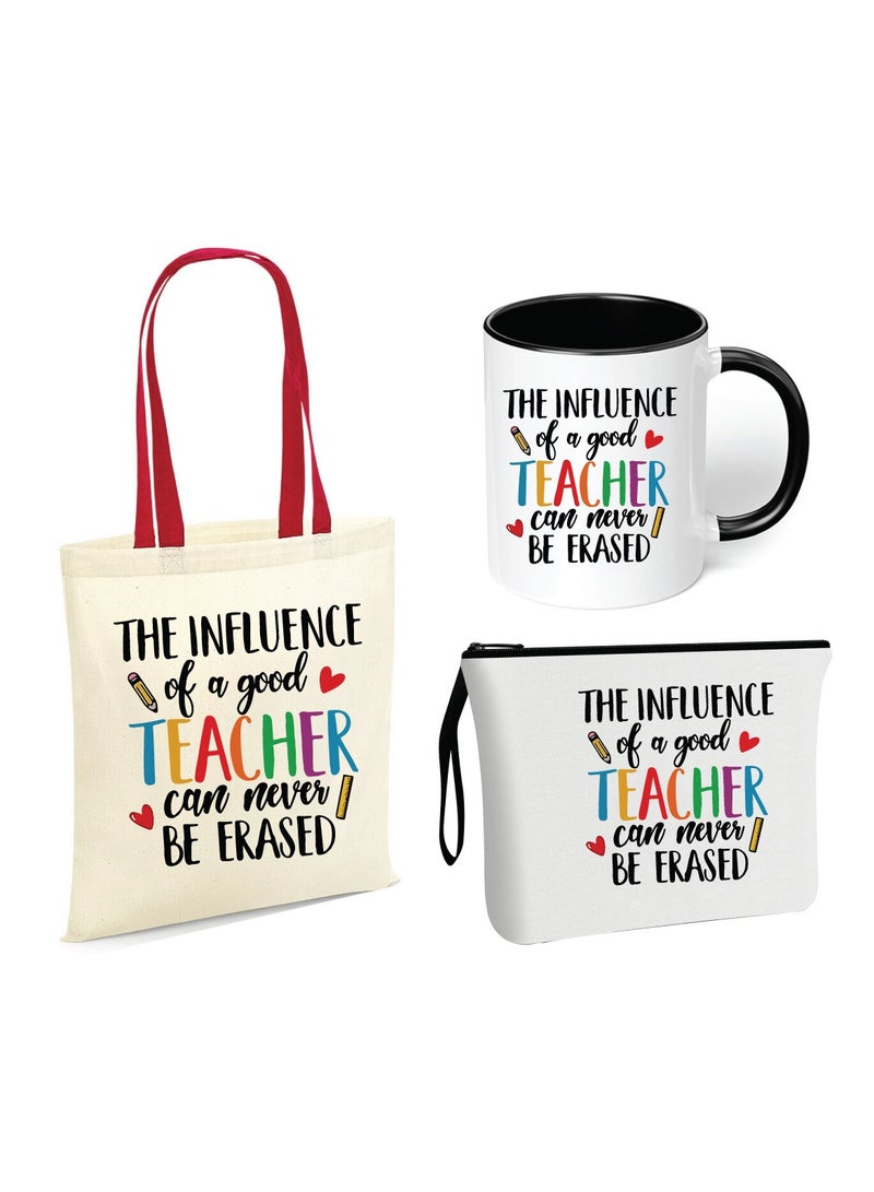 Teacher's Day Gift Combo Stylish Red Handled Cotton Bag-Two Tone Black Mugs And Cosmetic Pouch-Pack Of 3 Combo Set-World Teachers Day