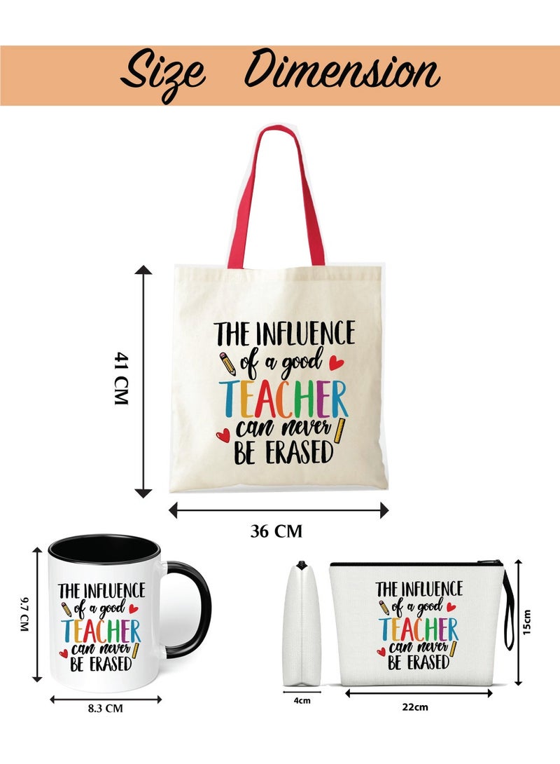 Teacher's Day Gift Combo Stylish Red Handled Cotton Bag-Two Tone Black Mugs And Cosmetic Pouch-Pack Of 3 Combo Set-World Teachers Day