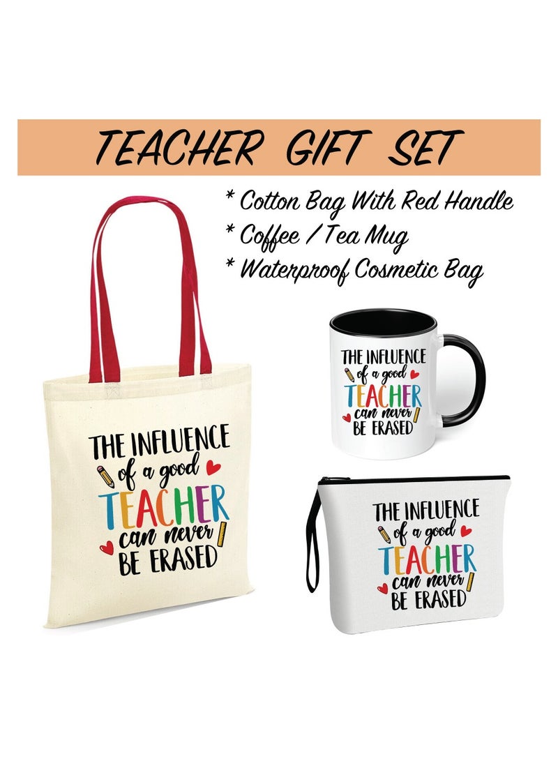 Teacher's Day Gift Combo Stylish Red Handled Cotton Bag-Two Tone Black Mugs And Cosmetic Pouch-Pack Of 3 Combo Set-World Teachers Day