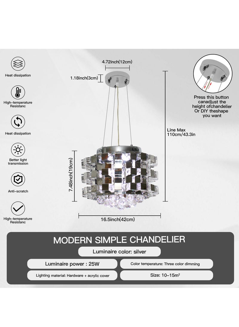 YATAI LIGHTING ثريا LED من الفولاذ المقاوم للصدأ، مصباح كريستالي حديث معلق، مصباح معلق بارتفاع قابل للتعديل 25 وات، ثريا قابلة للتعتيم بثلاثة ألوان لغرفة الطعام وطاولة الطعام والجزيرة والمطعم  - Image 4