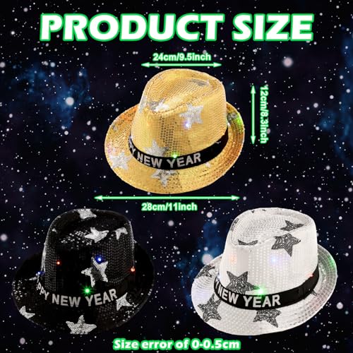 Suhine 9 Pcs Happy New Year Party Hat LED Light Up Sequin Fedora Hat Flashing New Years Eve Hats with Light 3 Light Modes New Year Party Costume Accessories Party Favors for Men Women - Image 5