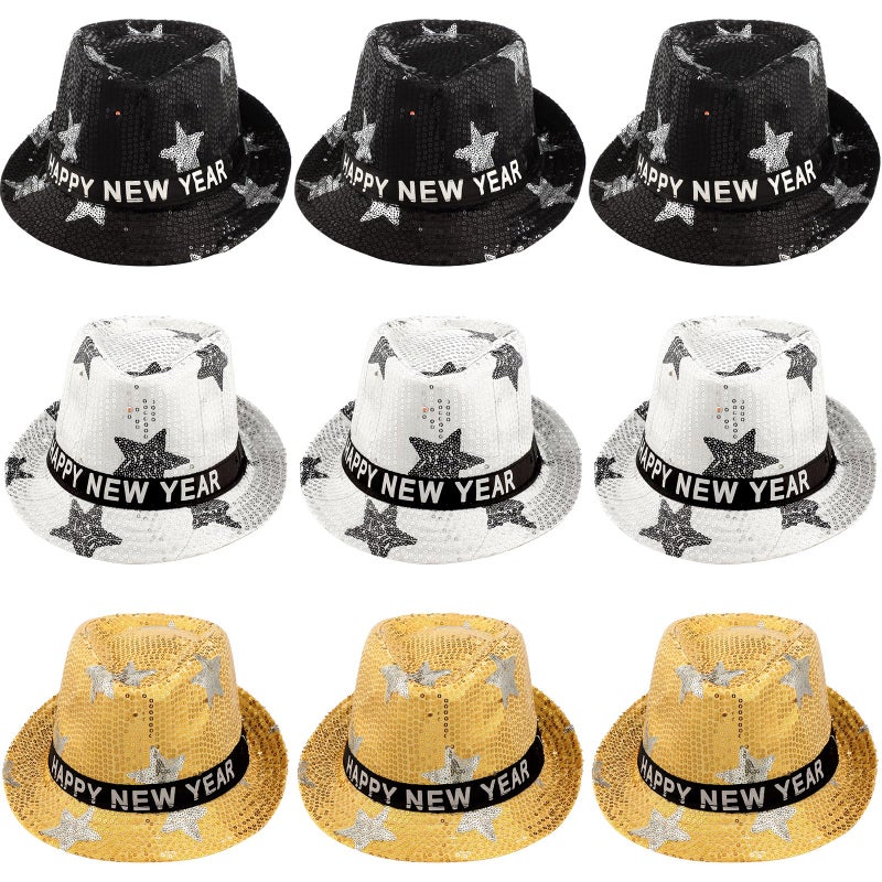 Suhine 9 Pcs Happy New Year Party Hat LED Light Up Sequin Fedora Hat Flashing New Years Eve Hats with Light 3 Light Modes New Year Party Costume Accessories Party Favors for Men Women - Image 3