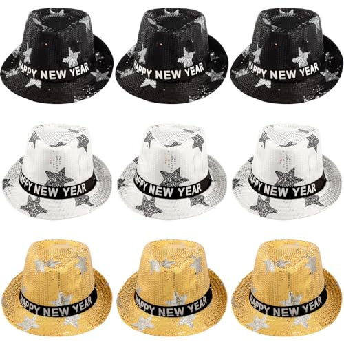 Suhine 9 Pcs Happy New Year Party Hat LED Light Up Sequin Fedora Hat Flashing New Years Eve Hats with Light 3 Light Modes New Year Party Costume Accessories Party Favors for Men Women - Image 1