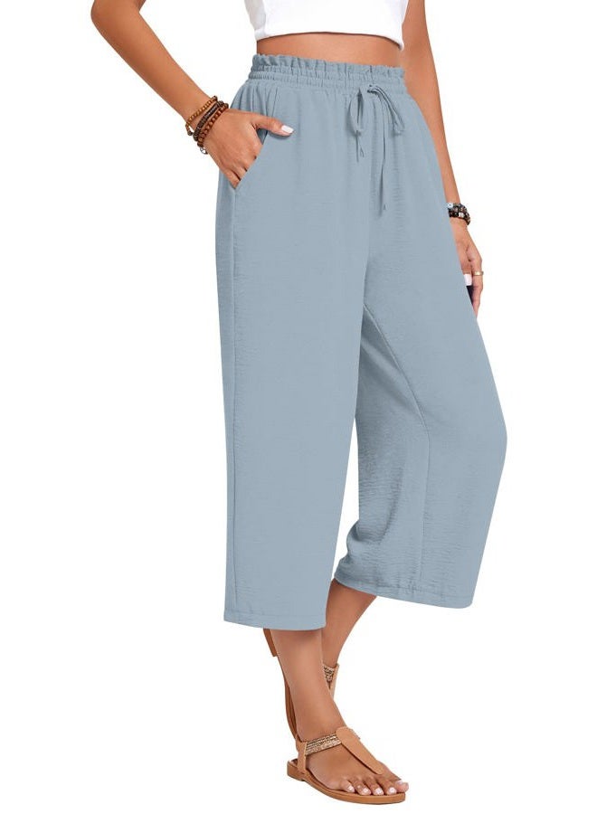 Anyhold Womens Capri Pants Loose High Waisted Wide Leg Lounge Pants Drawstring Casual Palazzo Trousers with Pockets, Denim Blue, M - Image 3