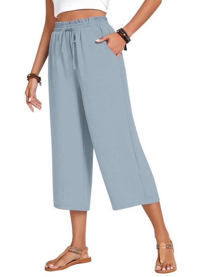 Anyhold Womens Capri Pants Loose High Waisted Wide Leg Lounge Pants Drawstring Casual Palazzo Trousers with Pockets, Denim Blue, M - Image 1