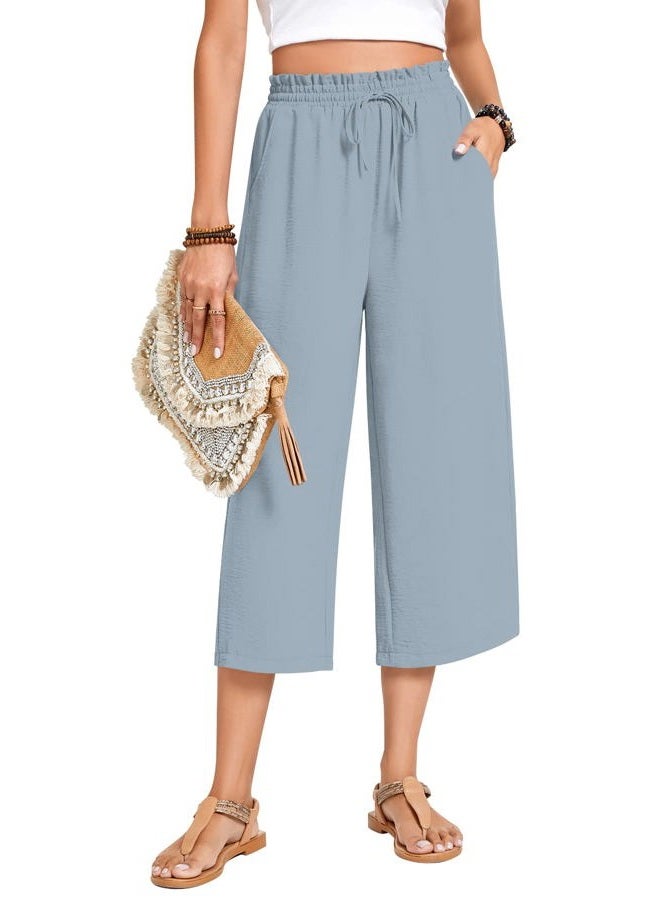 Anyhold Womens Capri Pants Loose High Waisted Wide Leg Lounge Pants Drawstring Casual Palazzo Trousers with Pockets, Denim Blue, M - Image 2