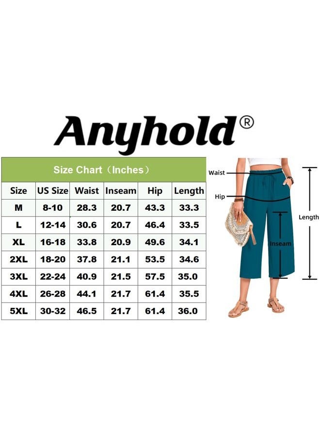 Anyhold Womens Capri Pants Loose High Waisted Wide Leg Lounge Pants Drawstring Casual Palazzo Trousers with Pockets, Denim Blue, M - Image 5