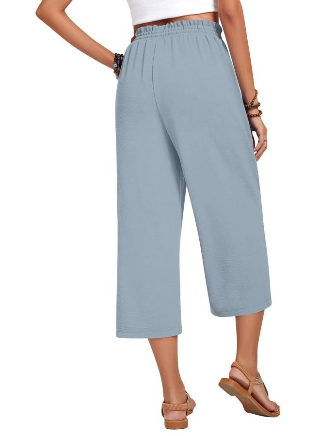 Anyhold Womens Capri Pants Loose High Waisted Wide Leg Lounge Pants Drawstring Casual Palazzo Trousers with Pockets, Denim Blue, M - Image 4
