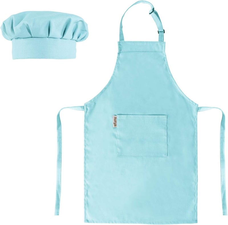 Aurya Kids Apron and Chef Hat Set-Adjustable Child Apron for Boys and Girls for Cooking Baking Light Blue - Image 1